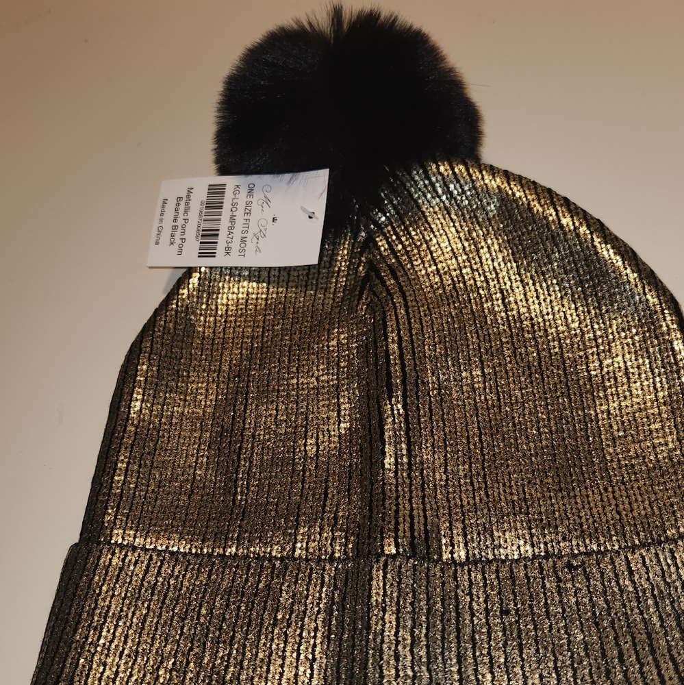 Metallic Pom Pom Beanie Black